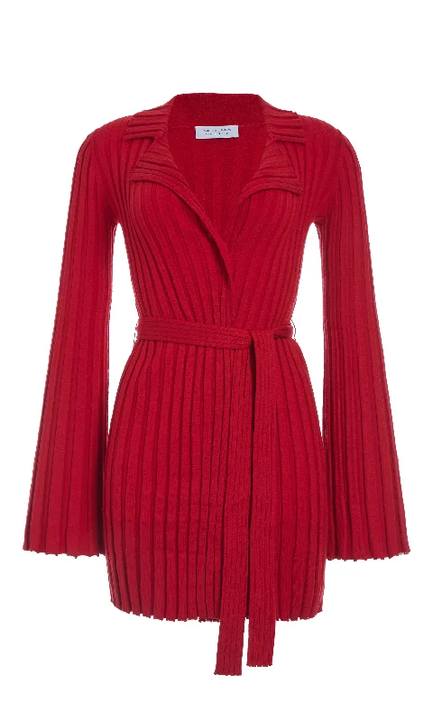 Carmen Knit Cardigan in Red Merino Wool Herringbone Houndstooth Plaid