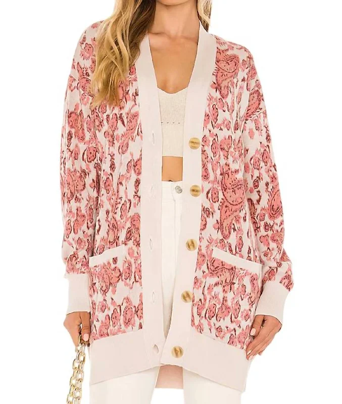 Luana Cardigan In White Solid Color Striped Floral Print