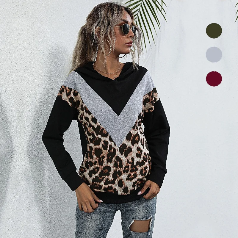 IKEARLAX New Popular trade splicing leopard print sweater hooded pullover long sleeve 2025 casual color contrast women popular new models Wool Sweater Cotton Sweater Cashmere Sweater