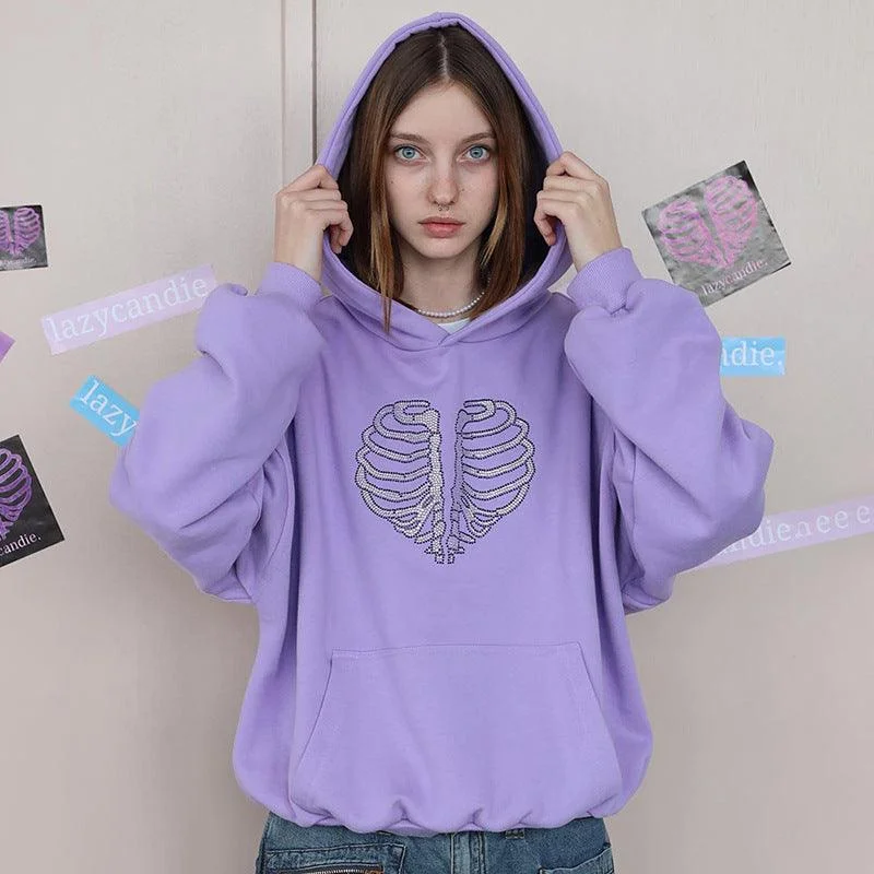 Trendy Skeleton Rhinestone Loose Hooded Sweater Chenille Brocade Lace