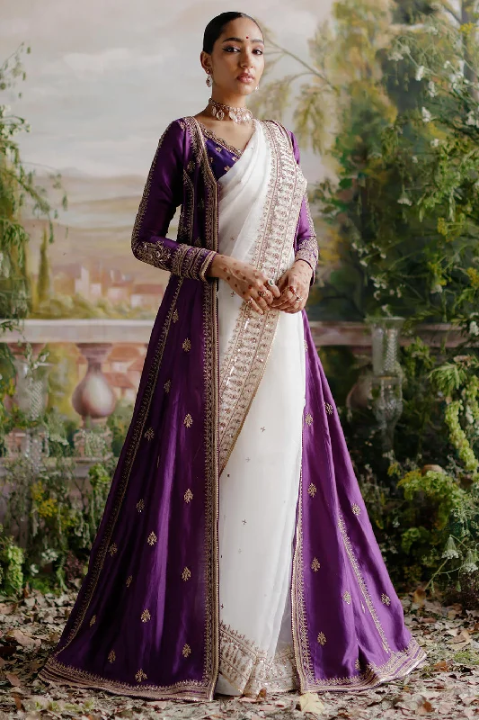 Off White Saree With Purple Jacket Set Zippered Jacket Buttoned Jacket Snapped Jacket