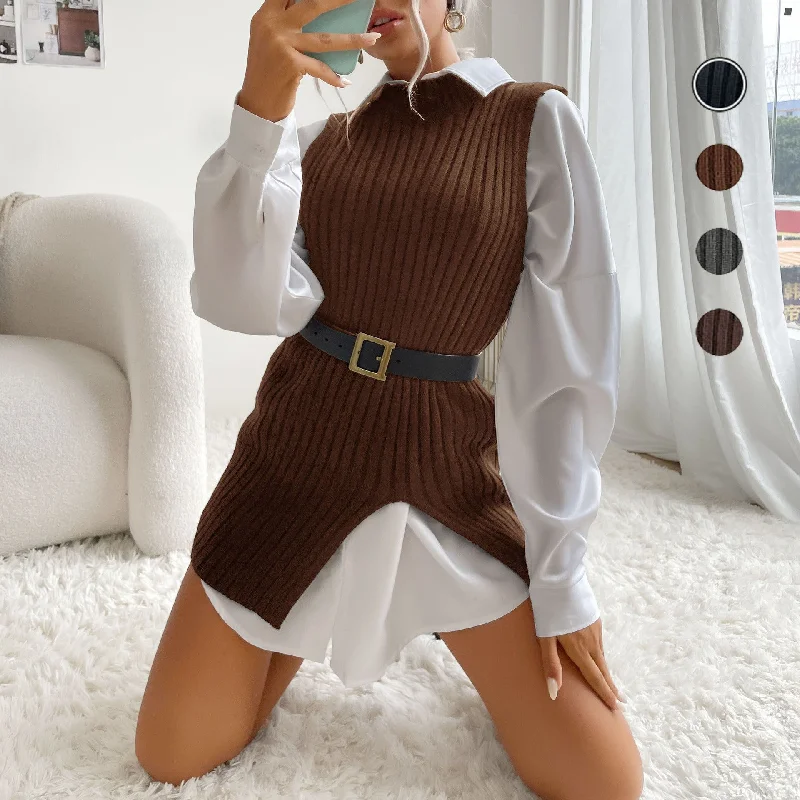 IKEARLAX New Popular trade autumn and winter 2023 Spice Girls women's clothing split fork medium and long retro vest knitted vest sweater Faux Fur Fabric Real Fur Fabric Shearling Fabric