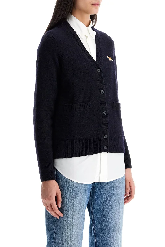 Maison Kitsune Oversized Blue Cardigan 100% Wool With Fox Patch Ribbed Striped Patterned