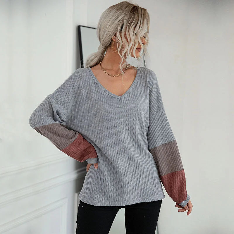 IKEARLAX New  Hot Trade popular New 2025 Autumn Color Matching Long Sleeve Gray V-Neck Knitted Sweater Layered Multi-layer Single Layer