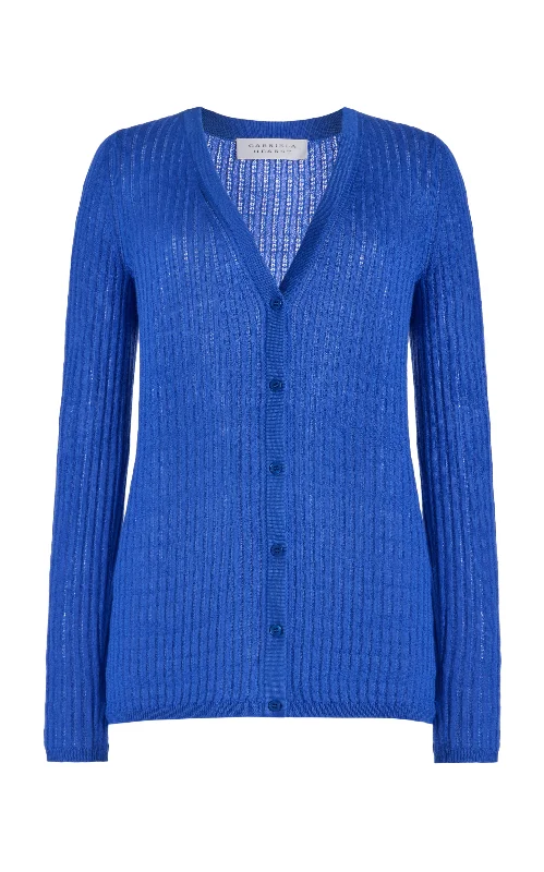 Emma Pointelle Knit Cardigan in Sapphire Cashmere Silk Boat Neck Shawl Collar Notched Collar Emma Pointelle Knit Cardigan in Sapphire Cashmere Silk Boat Neck Shawl Collar Notched Collar