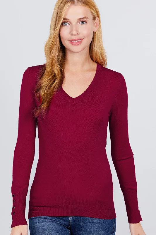 V-neck Sweater W/rivet Button Mesh Blend Leather Blend Suede Blend