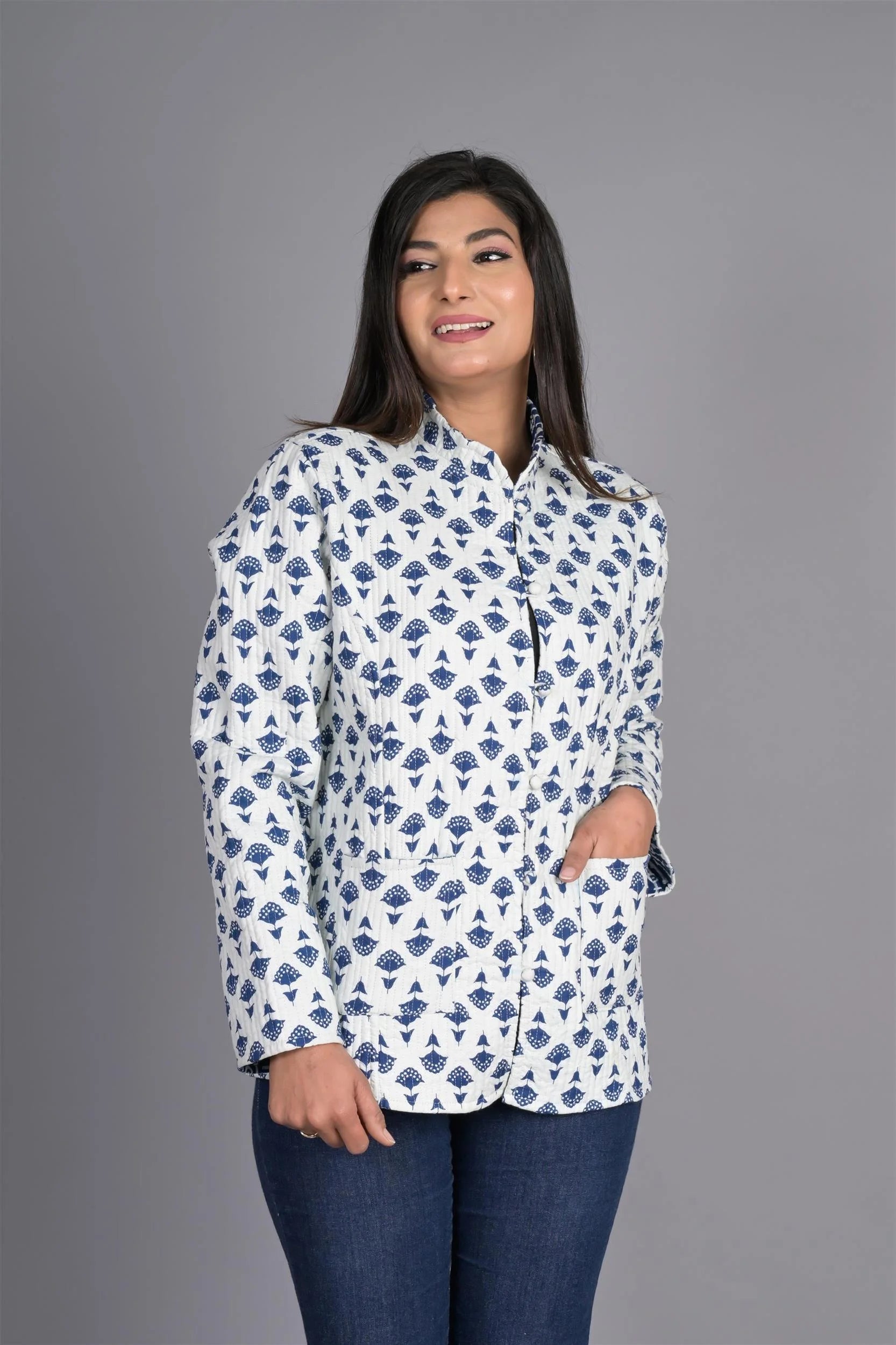 Winter White & Blue Reversible Jaipuri Cotton Quilted Jackets For Women Hoodie Zip-Up Jacket Button-Up Jacket