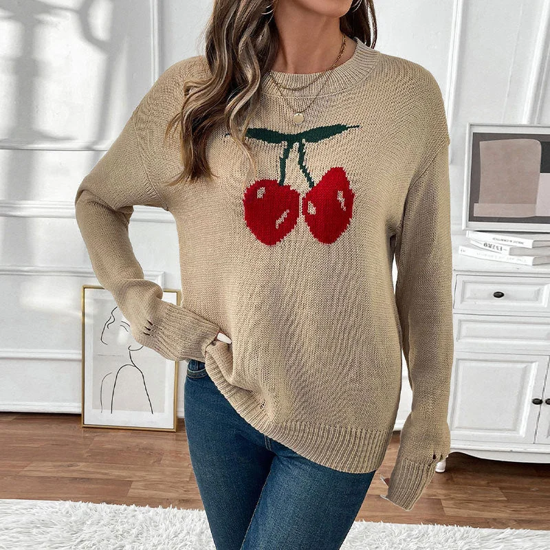 IKEARLAX autumn and winter new round neck cherry pullover sweater 2025 Valentine's Day Christmas hot sale knitted sweater women Silk Blend Satin Velvet