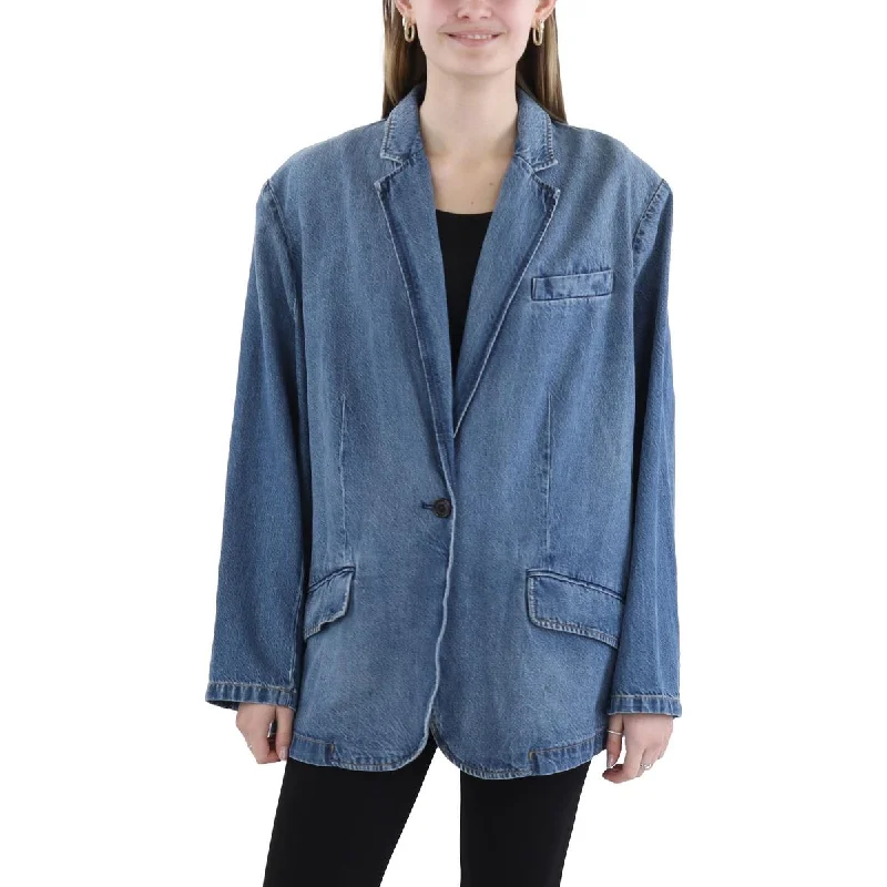 Plus Womens Denim Trendy One-Button Blazer Women's Elegant Suit