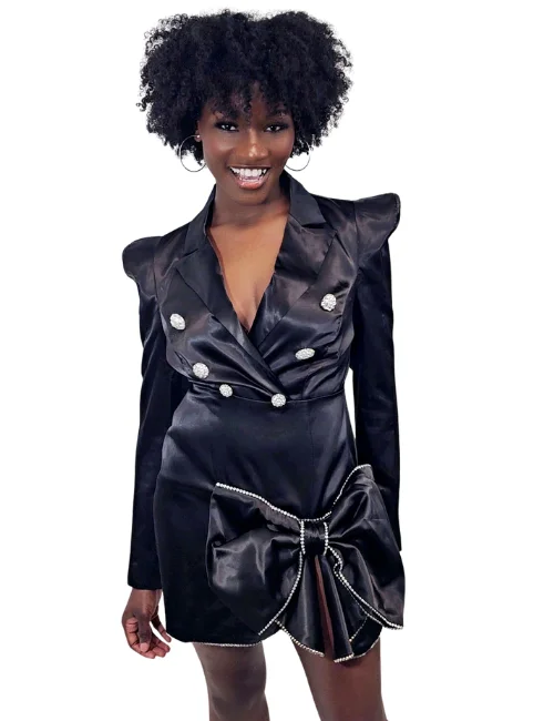 Black Stoned Bow Blazer Dress Women's Elegant Suit