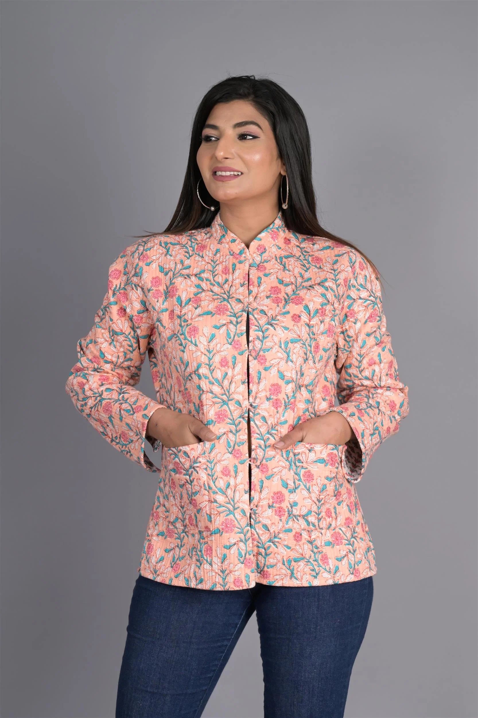Winter Peach Reversible Jaipuri Cotton Quilted Jackets For Women Trench Coat Raincoat Waterproof Jacket