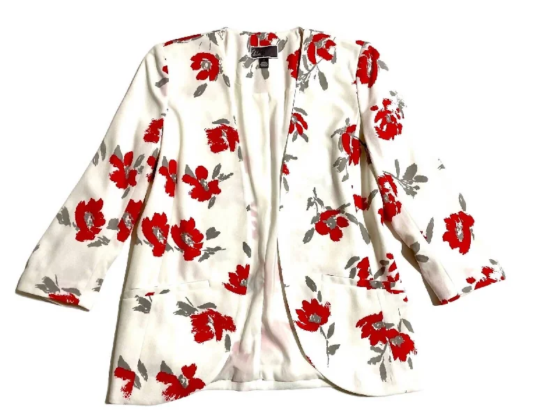 Women's Floral Print Open Front 3 Quarter Sleeve Blazer In White Women's Boutique Suit