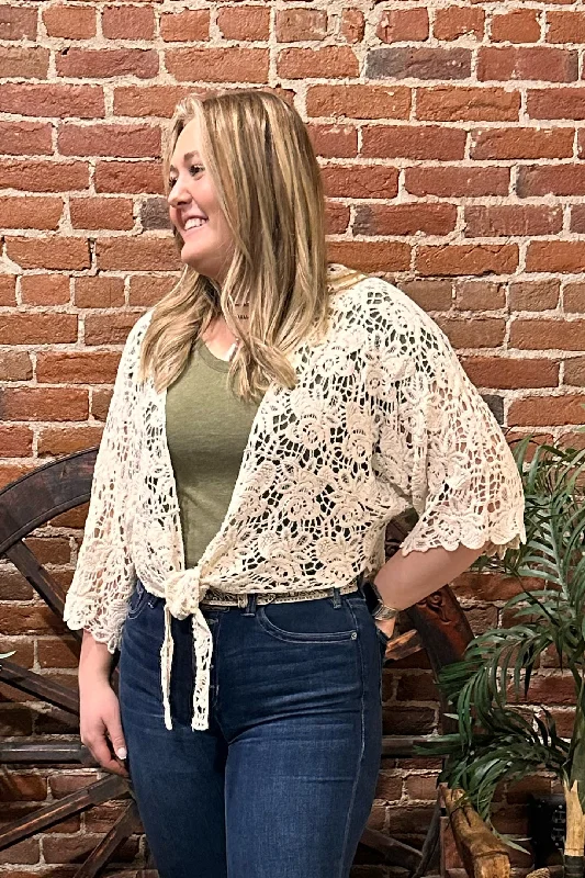 Crochet Tie Front Crop Cardigan by Origami Apparel Mesh Blend Leather Blend Suede Blend Crochet Tie Front Crop Cardigan by Origami Apparel Mesh Blend Leather Blend Suede Blend