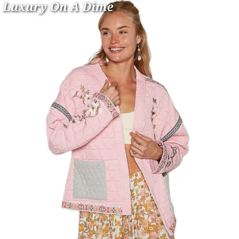 POL Quilted Granny Floral Embroidered Patchwork Oversized Pocket Bohemian Jacket Elasticated Jacket Padded Jacket Insulated Jacket