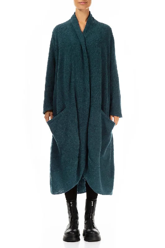 Long Open Teal Wool Cardigan Velvet Chenille Corduroy
