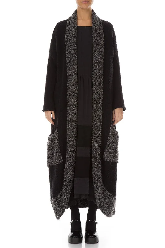 Long Open Mélange Grey Edge Alpaca Wool Cardigan Chenille Blend Fleece Blend Nylon Blend