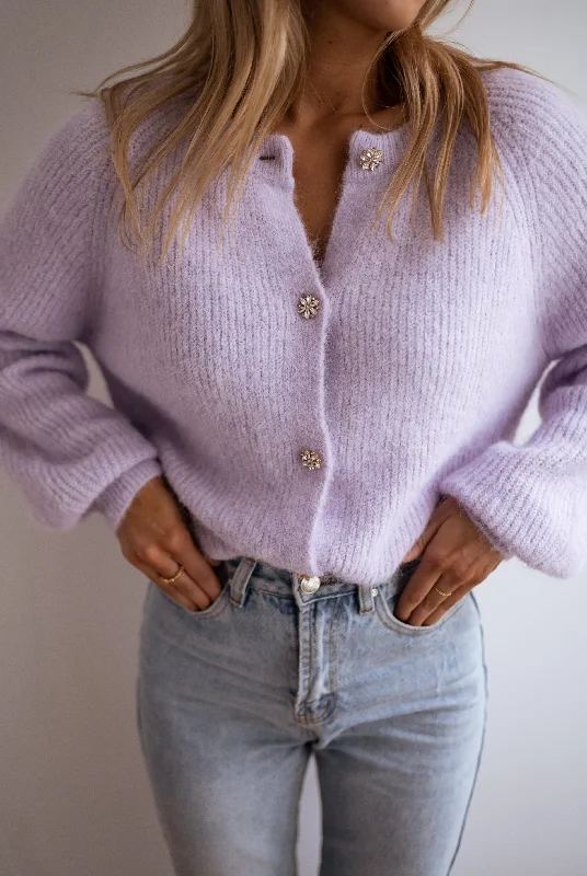 Lilac Isa Cardigan with Shiny Buttons Crew Neck V-Neck Turtle Neck