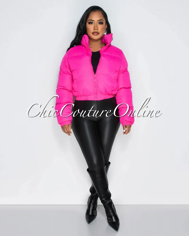 Alexa Hot Pink Puffy Bomber Jacket Herringbone Jacket Houndstooth Jacket Plaid Jacket