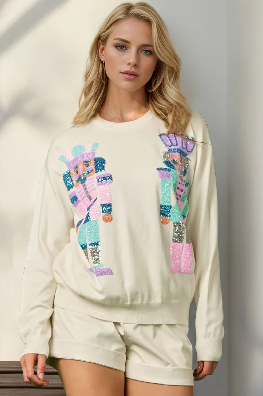 Double Take Full Size Sequin Nutcracker Long Sleeve Sweater Silk Blend Satin Velvet