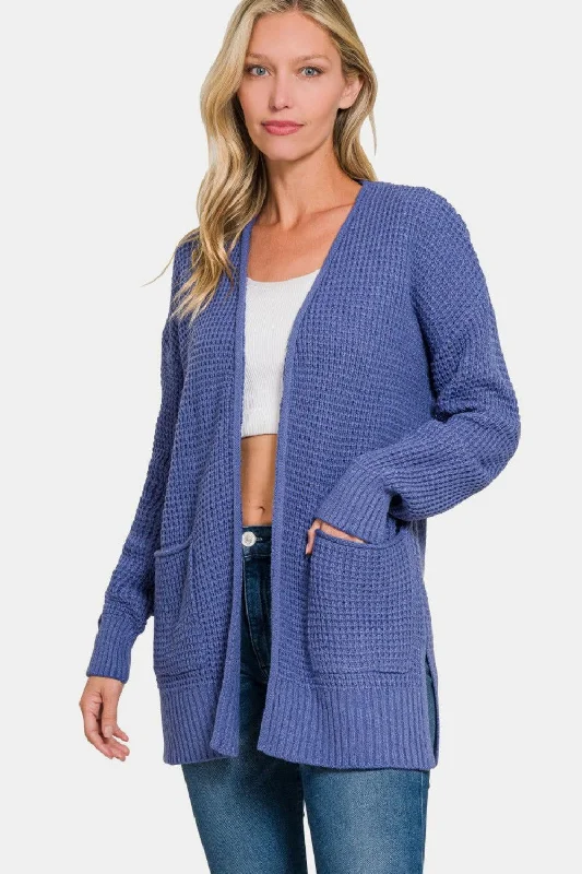 Zenana Waffle Open Front Sweater Cardigan In Marlin Stretchy Elastic Breathable