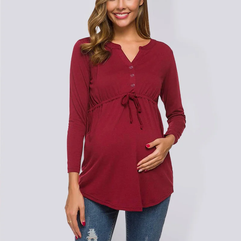 Maternity solid color drawstring button half cardigan long-sleeve T-shirt Cashmere Blend Cotton Blend Poly Blend Maternity solid color drawstring button half cardigan long-sleeve T-shirt Cashmere Blend Cotton Blend Poly Blend