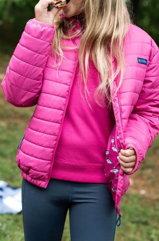 Girl's Puffer Jacket in Raspberry Rose Pink with Bigeye Tuna Print Liner A-Line Jacket Boat Neck Shawl Collar Girl's Puffer Jacket in Raspberry Rose Pink with Bigeye Tuna Print Liner A-Line Jacket Boat Neck Shawl Collar
