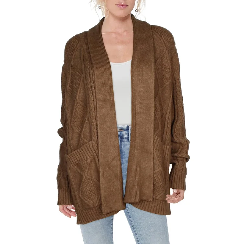 Womens Knit Ribbed Trim Cardigan Sweater Welt Pockets Slit Pockets Flap Pockets
