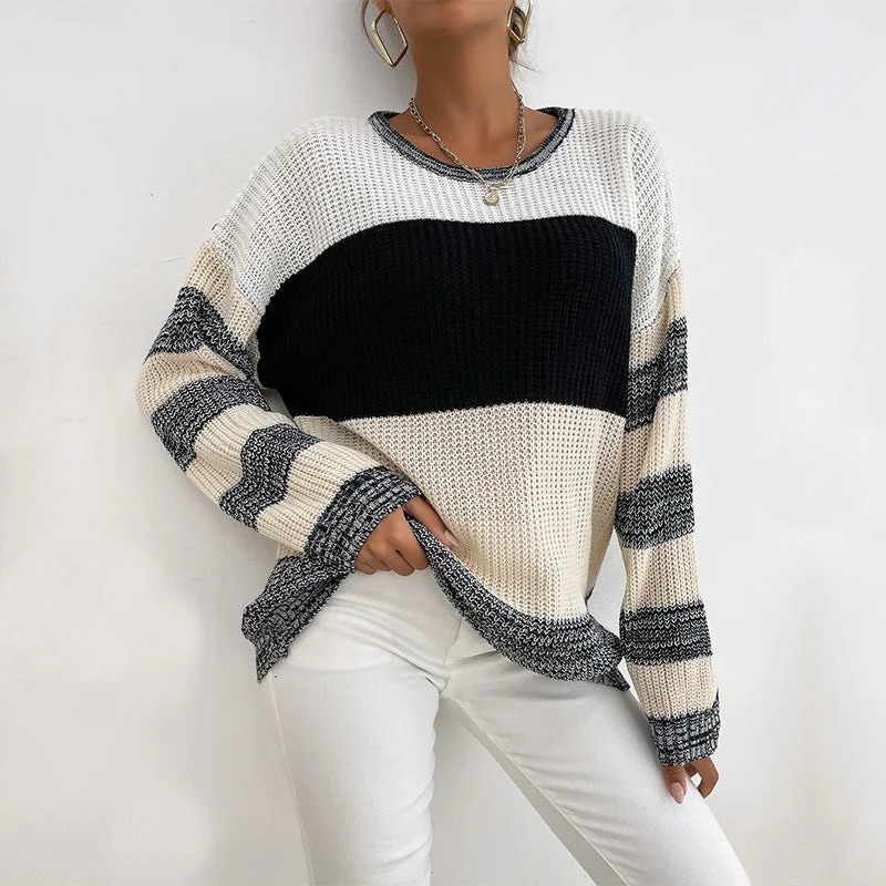 IKEARLAX popular  New  Women's Clothing popular Autumn New Contrasting Color Pullover Knitted Loose Crew Neck Sweater Stylish Fashionable Trendy