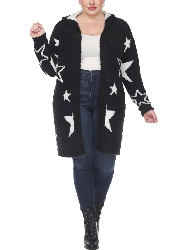 Plus Stars Womens Knit Hooded Cardigan Sweater Faux Fur Fabric Real Fur Fabric Shearling Fabric