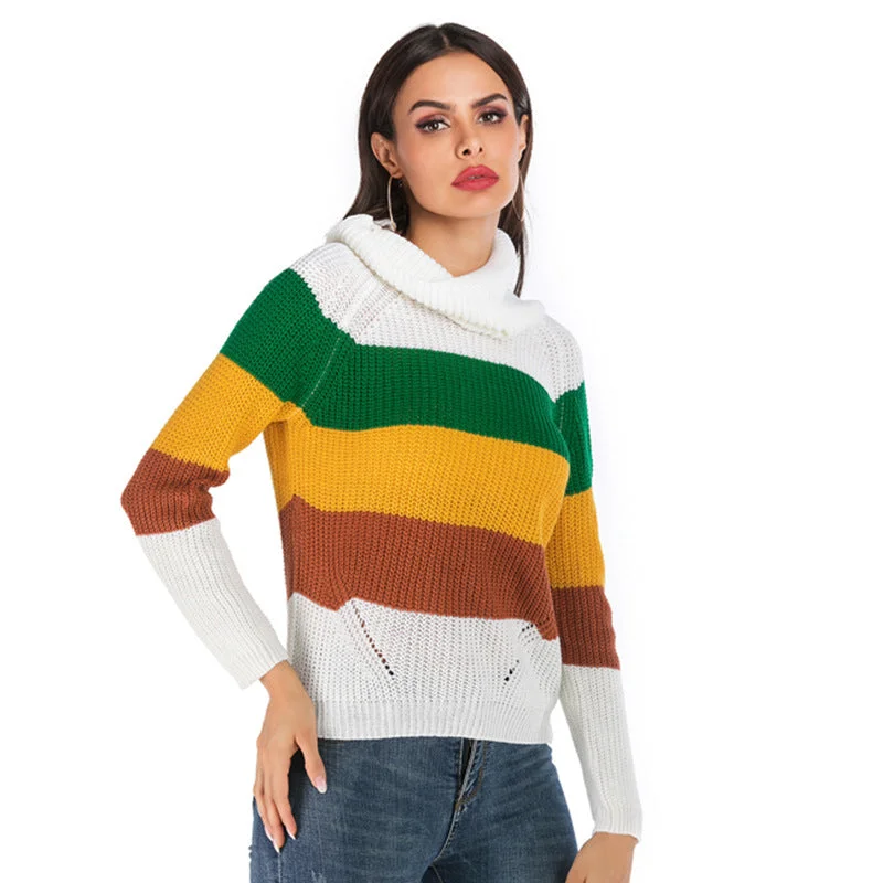 IKEARLAX popular autumn and winter pullover women's clothing contrasting color loose sweater 2025 turtleneck striped long-sleeved bottomed knitted sweater women's wholesale Collared Crew Neck Turtle Neck