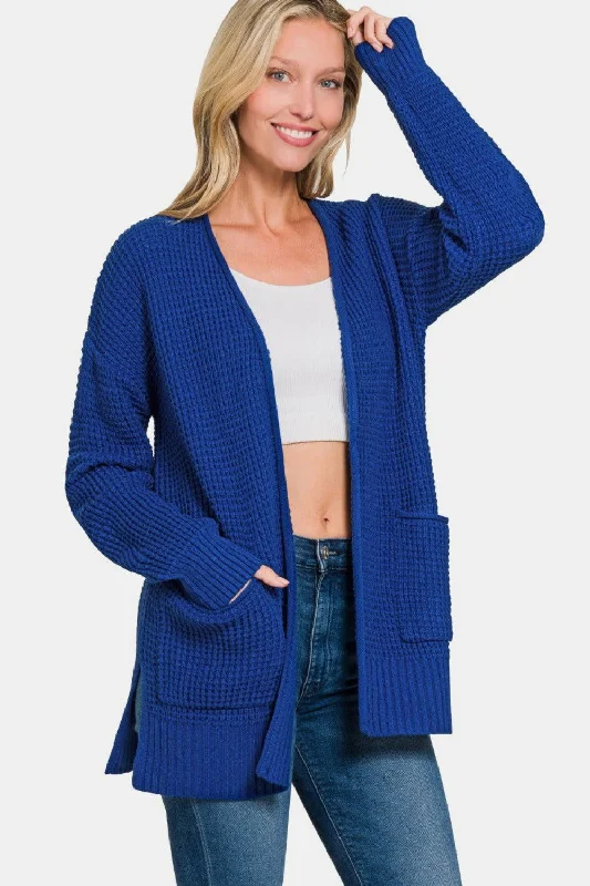 Zenana Waffle Open Front Sweater Cardigan In Navy Lightweight Heavyweight Midweight