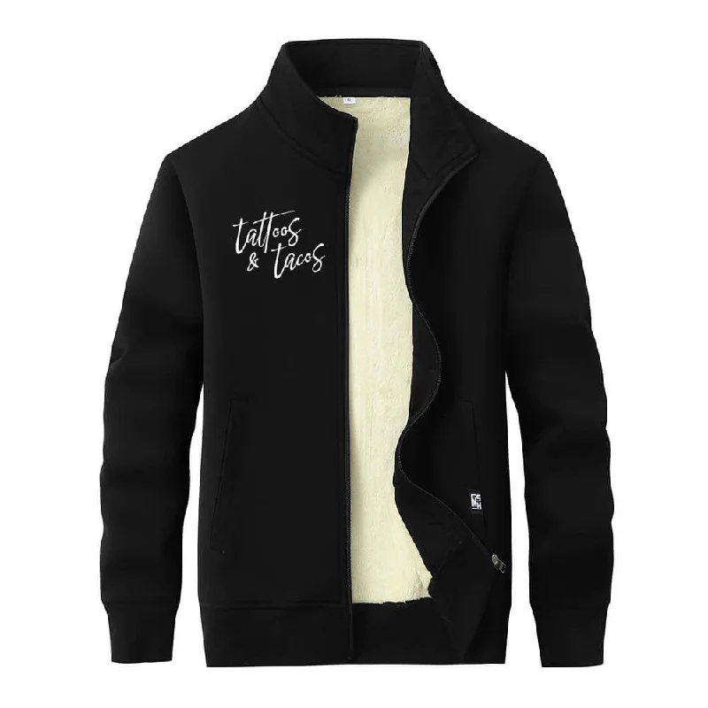 Multicolor Tattoos And Tacos Fleece Stand Collar Zip Cardigan Solid Print Embellished
