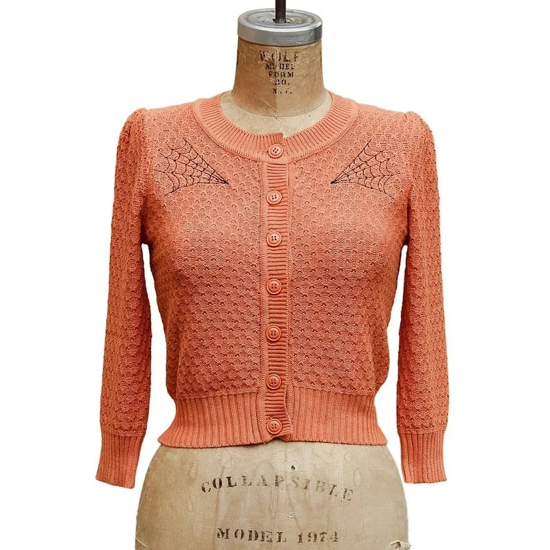 Embroidered Orange Knit Sweater Cardigan - Spiderweb Rockabilly Button Up Sweater #OEC Transparent Opaque Sheer Embroidered Orange Knit Sweater Cardigan - Spiderweb Rockabilly Button Up Sweater #OEC Transparent Opaque Sheer