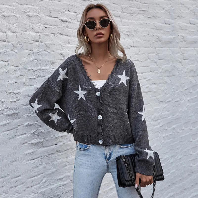 IKEARLAX 2025 women's clothing 2023 autumn and winter cardigan long-sleeved five-pointed star jacquard knitted short sweater jacket Mesh Fabric Canvas Fabric Denim Fabric