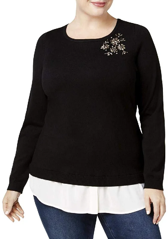Charter Club Womens Layered-Look Brooch Sweater (Black,3X) Solid Print Embellished