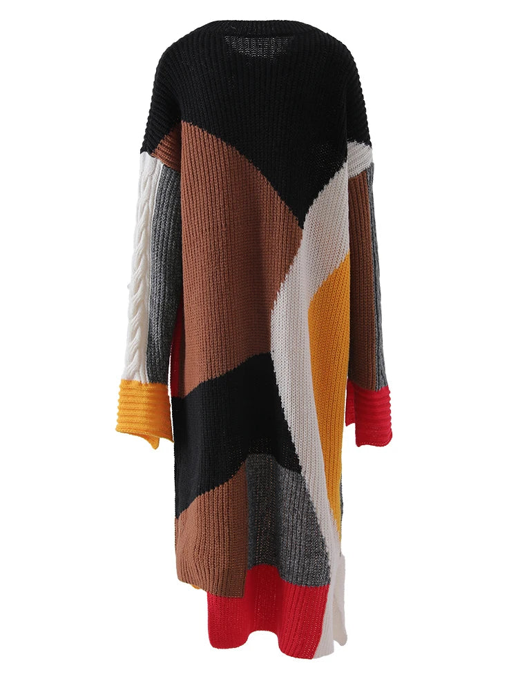 Wjczt Women Black Color-block Big Size Long Sweater Dress New Round Neck Long Sleeve Fashion Tide Spring Autumn 2024 CPDB101 Sequined Glittery Shiny