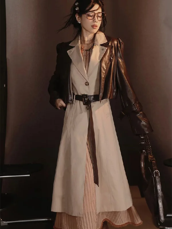 Leather-Jacket＆Trench-Coat Layered Nichi Classy Set-Up【s0000004017】 One-Shoulder Jacket Off-the-Shoulder Jacket Asymmetrical Jacket