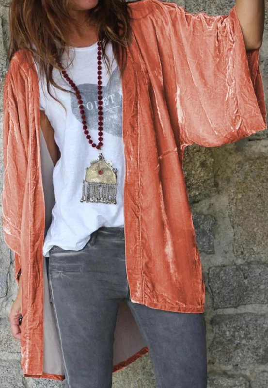 Burnt Orange  Velvet Open Front Cardigan Spandex Rayon Corduroy