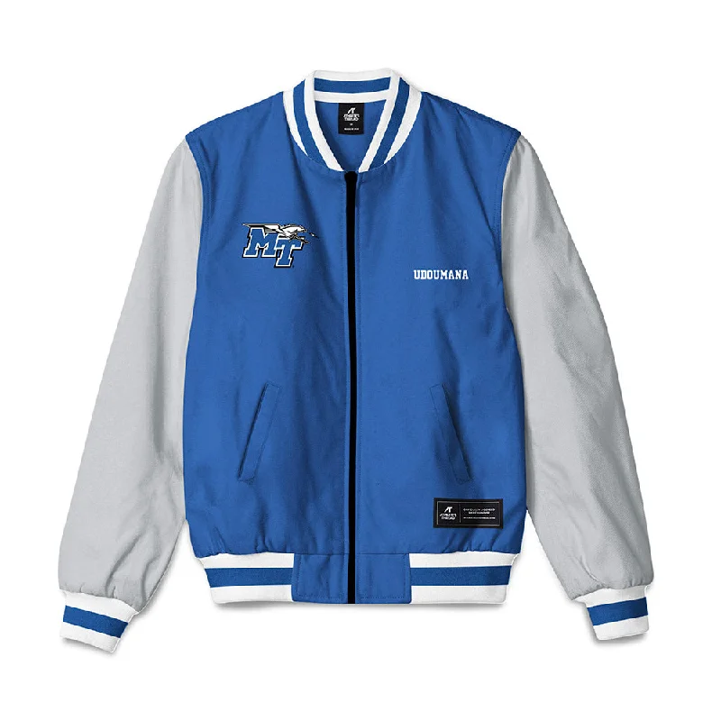 MTSU - NCAA Women's Track & Field : Xarya Udoumana - Bomber Jacket Boat Neck Shawl Collar Notched Collar MTSU - NCAA Women's Track & Field : Xarya Udoumana - Bomber Jacket Boat Neck Shawl Collar Notched Collar