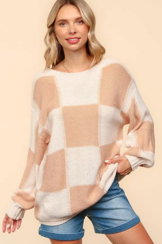 Haptics Checkered Round Neck Drop Shoulder Sweater Fleece Fabric Down Fabric Feather Fabric Haptics Checkered Round Neck Drop Shoulder Sweater Fleece Fabric Down Fabric Feather Fabric