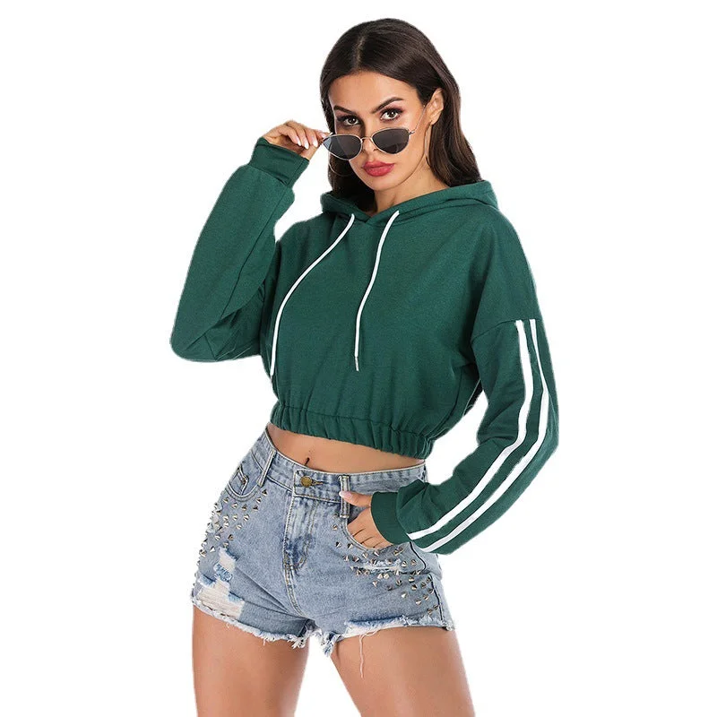 IKEARLAX New popular autumn 2025 women's clothing sports striped green short long-sleeved hooded navel sweater women Print Jacquard Patchwork