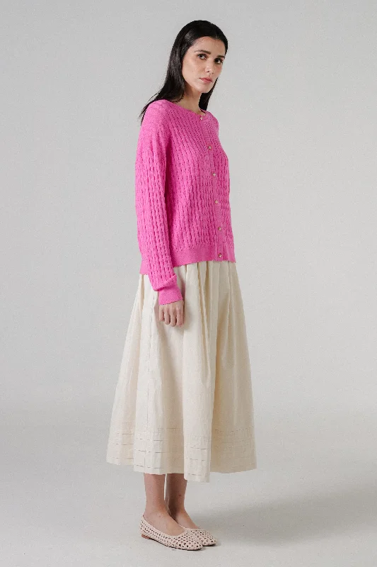 Iris Cable-Knit Cardigan in Fuchsia Mesh Cardigan Canvas Denim