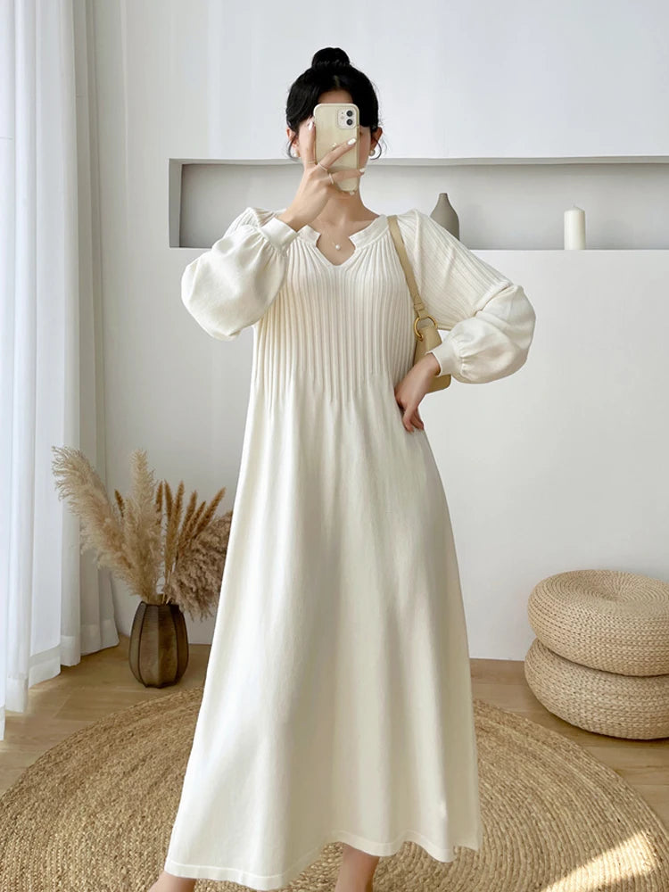 Wjczt Solid Casual Knitted Dress Autumn Winter Women Large Size Loose V-Neck Mid-Calf Long Sleeve Bottoming Maternity Sweater Dress Ribbed Striped Patterned