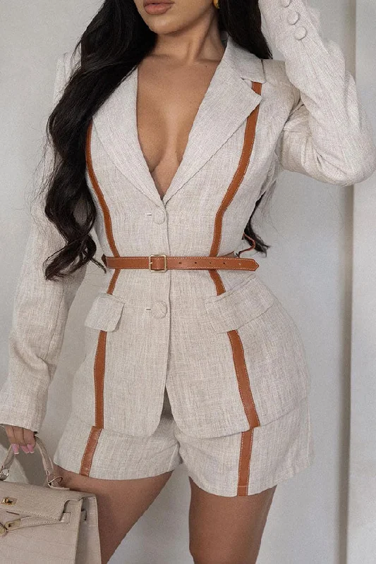 PU Patchwork Hit Color Notched Lapel Smart Belted Blazer Women's Vacation Suit