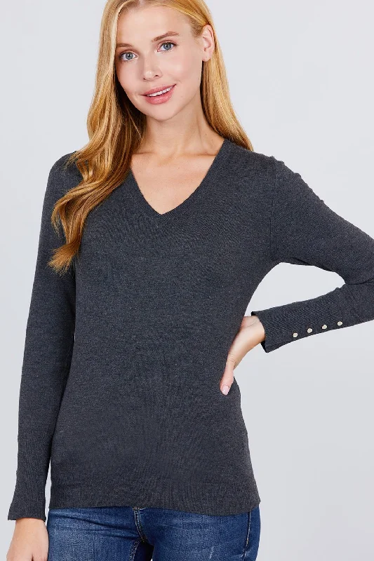 V-neck Sweater W/rivet Button Chenille Blend Fleece Blend Nylon Blend