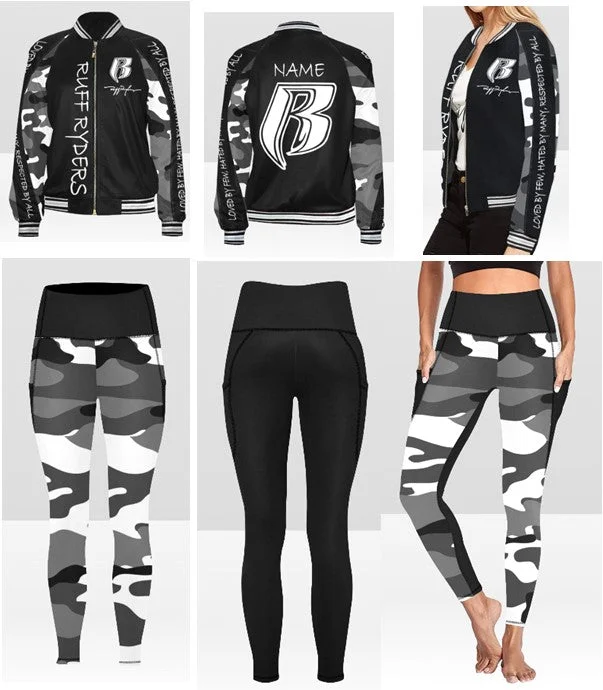 RR Custom Name Graffiti Style Jacket and Two Toned Pocketed Leggings Set Fleece Jacket Down Jacket Feather Jacket
