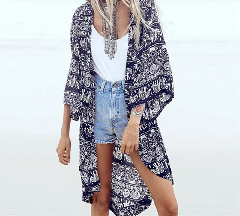 Women Blouse Beach Cardigan Floral Printed 3/4 Sleeve Casual Loose Long Beach Tops Stretchy Elastic Breathable