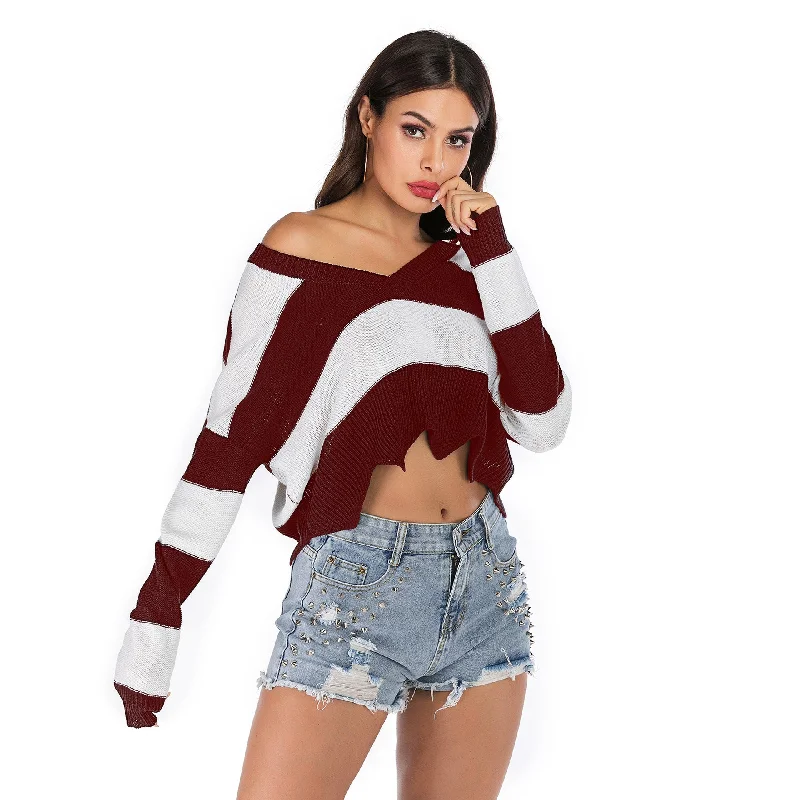 IKEARLAX  women's popular autumn and winter sweater women's 2025 wavy edge V-neck striped short open-navel loose knitted sweater Slim Fit Regular Fit Oversized