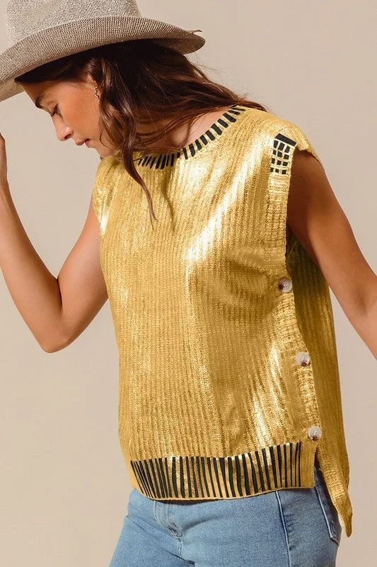 Metallic Foil Sweater- Black/Gold Real Fur Shearling Chenille