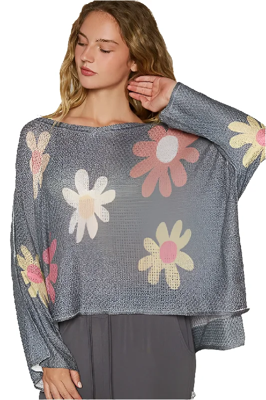 POL Daisy Retro Color Contrast Flower Top Oversized Shirt Pullover Knit Sweater Zippered Buttoned Snapped POL Daisy Retro Color Contrast Flower Top Oversized Shirt Pullover Knit Sweater Zippered Buttoned Snapped